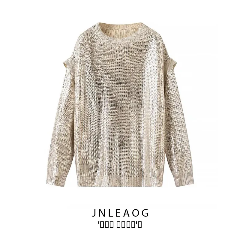 

JNLEAOG Faionable Metal Collar Sweater Women's Casual Sle Long Sve round Ne Pullover Knitted Top for Autumn Season