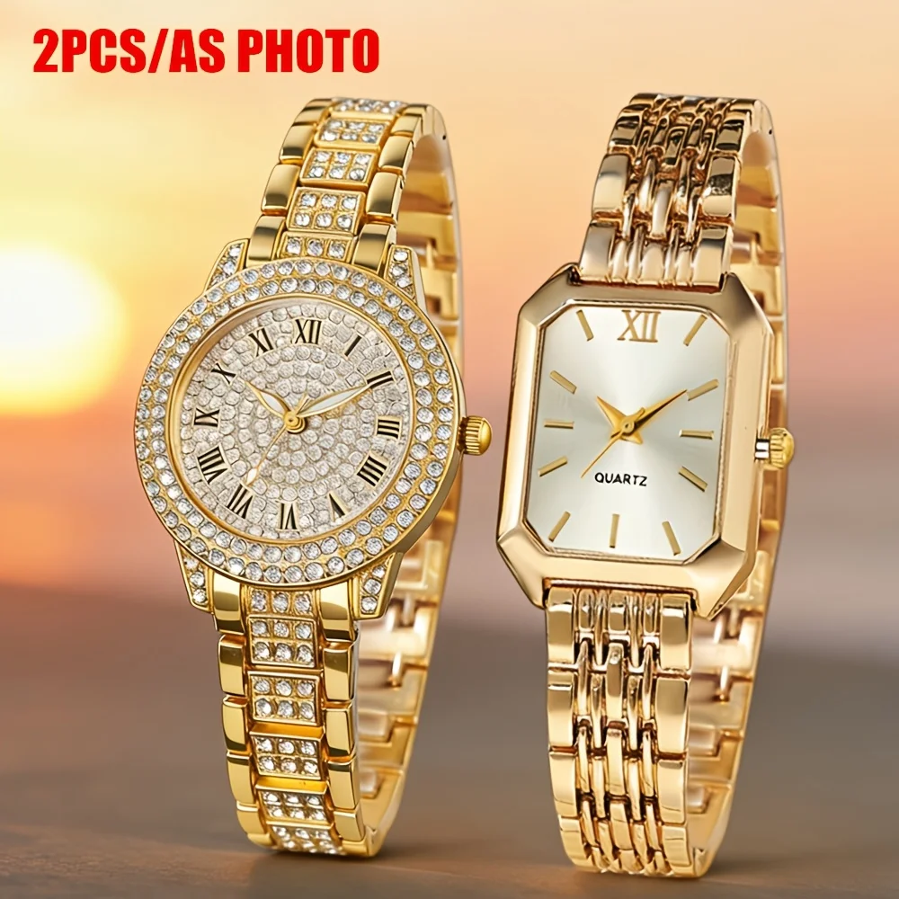 2PCS Watch Combo Set, Elegant Luxury Gold Wristwatch for Women, Exquisite Casual Wristwatch, Special Gift for Ladies