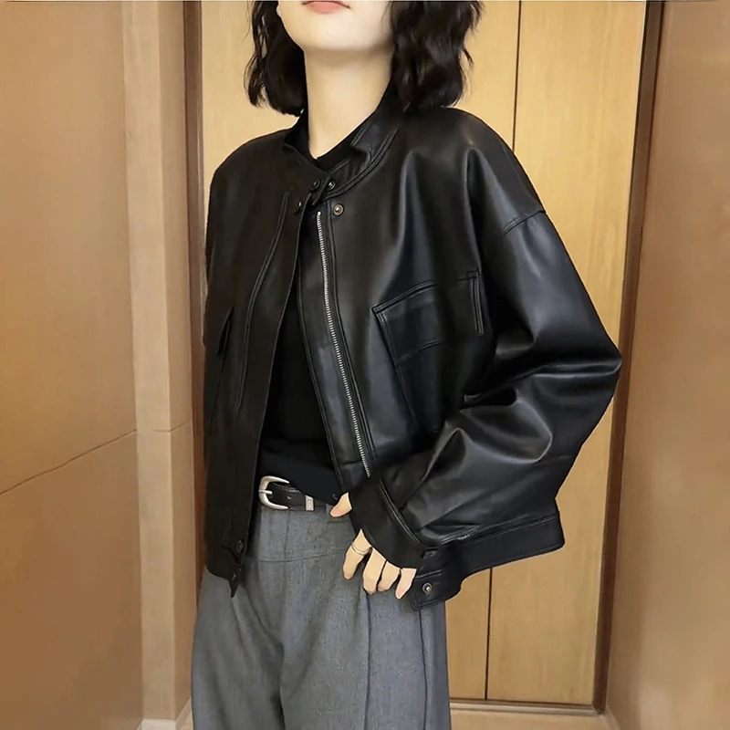 Spring Autumn New Motorcycle Wear Women Vintage Stand Collar Zip Up Jacket American Street Loose Faux Leather Coat Mujer