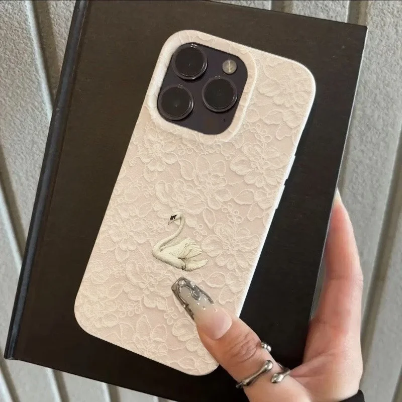 Lace Swan Pattern Lychee Texture Phone Case For iPhone 17 16 15 Pro 14 13 12 11 Pro Max 16 15 14 Plus 17 Air Silicone Soft Cover view 4