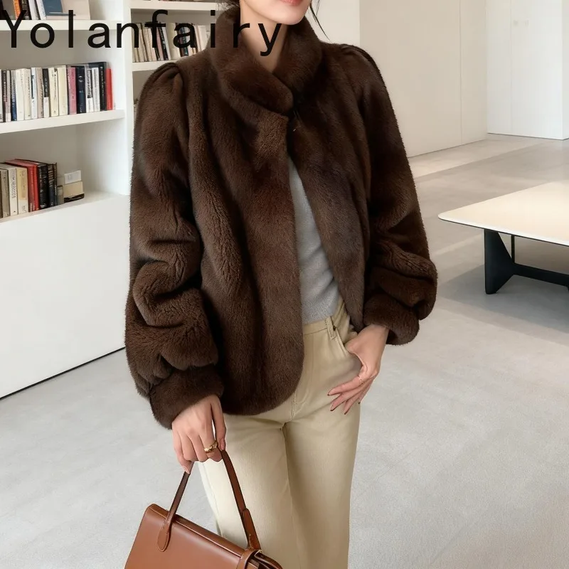 YOLANFAIRY معاطف فرو حقيقي من المينك بالكامل للنساء معطف شتوي بياقة ثابتة قصير معطف فرو طبيعي معاطف نسائية أنيقة ودافئة من الفرو