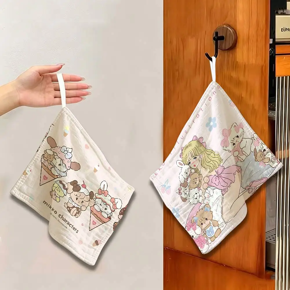 kawaii Cat Mikko artwork I-Illustrations Polyester Cotton Hanging Kitchen Towel, Skin Friendly Hand Wiping Towel for Hotel