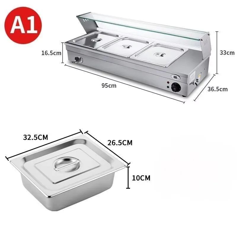 Roestvrij staal Hoge kwaliteit voedselverwarming Bain Marie glazen elektrische voedselverwarmer vitrinekast