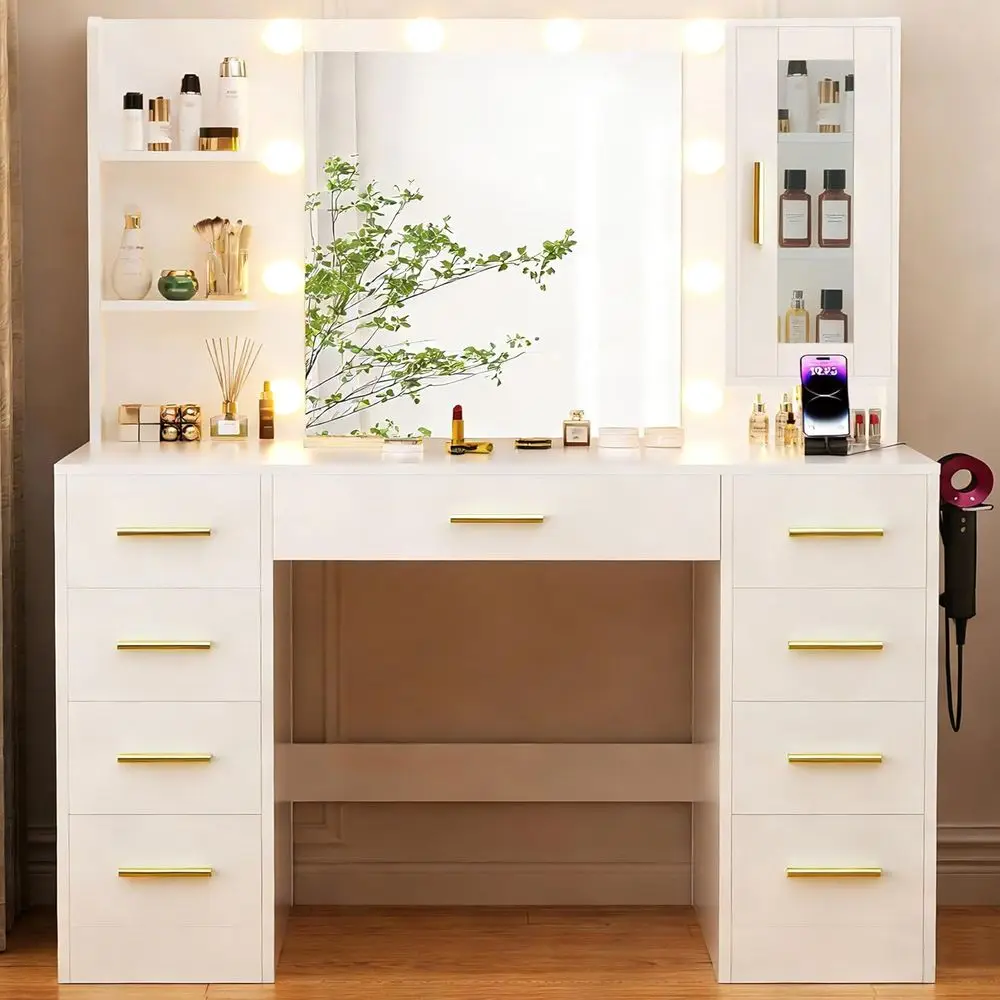 43 White & Gold Large Makeup Vanity Desk with Mirror, Lights, 9 Drawers & Power Outlet