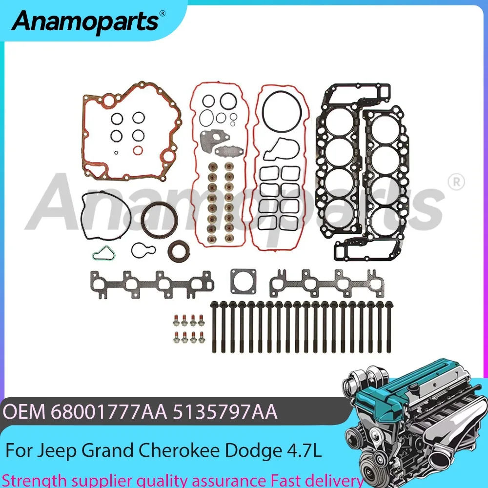 Engine Part Upper Engine Overhaul Gasket Set Head Bolts Fit 4.7L V8 GAS For Jeep Grand Cherokee Dodge Durango 4.7L EVA EVC 04-07