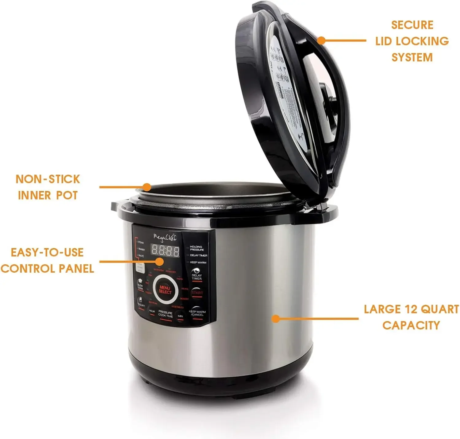 12 Quart Digital Pressure Cooker with 15 Preset Options and Glass Lid, Silver