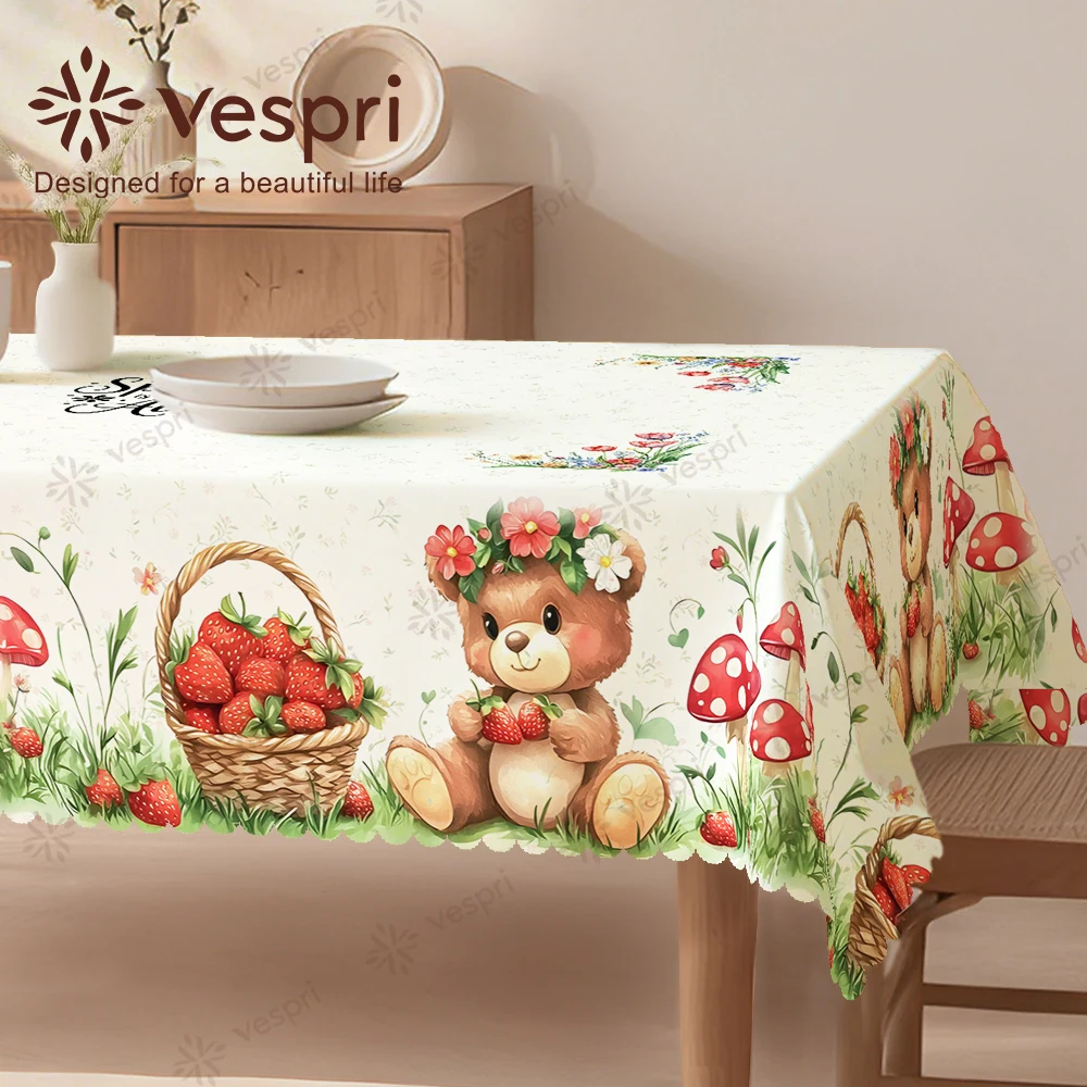 Vespri Frühlings-Blumen Oster-Tischdecke Weiß Rot Teddybär Erdbeere Pilz Rund Rechteckig Oval für Restaurant Party