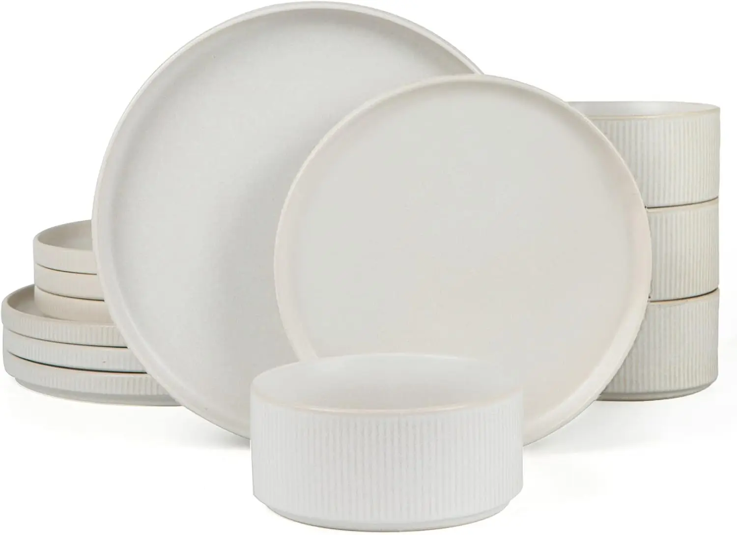 

12-Pc Stoneware Dinnerware Set for 4 - Chip Resistant Ribbed Plates & Bowls, Matte White