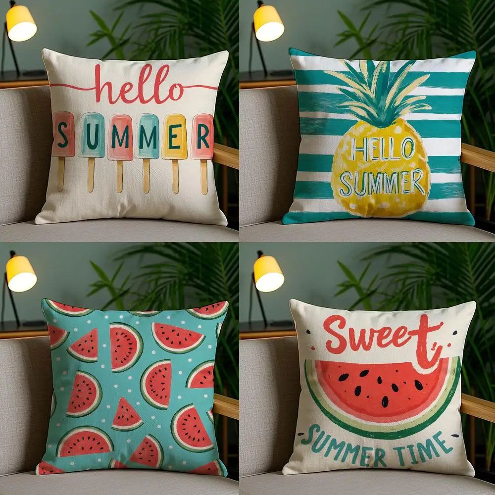 4PC Summer Hand-drawn Style Cushion Cover Soft Plush Double-Sided Print Pillow Case Home Decor for Sofa Living Room Gift