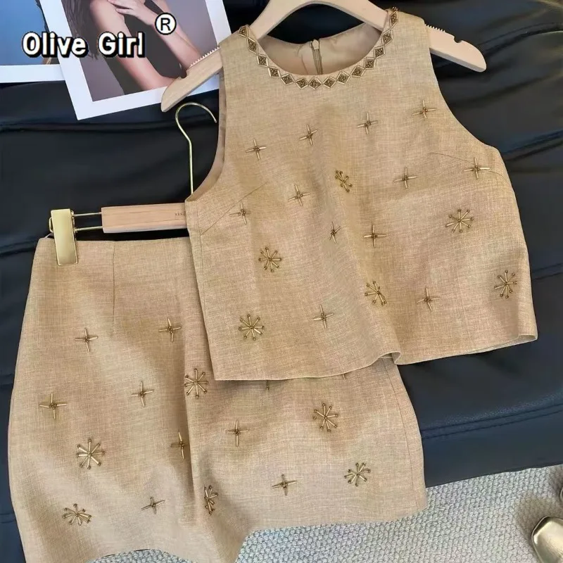 Olivegirl High End Nail Bead Sleeveless Vest Shorts Set for Women's Summer 2026 Elegant Sweet Cotton Fashion Two-piece Set