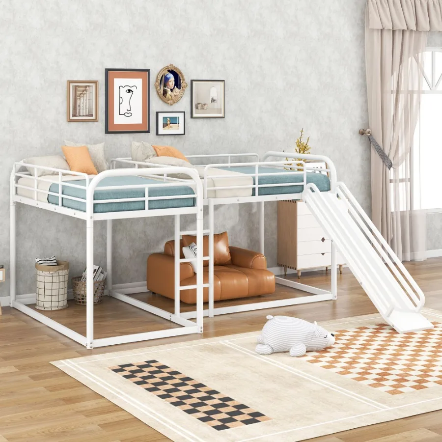 Full and Twin Size L-Shaped Bunk Bed with Slide and Short Ladder White