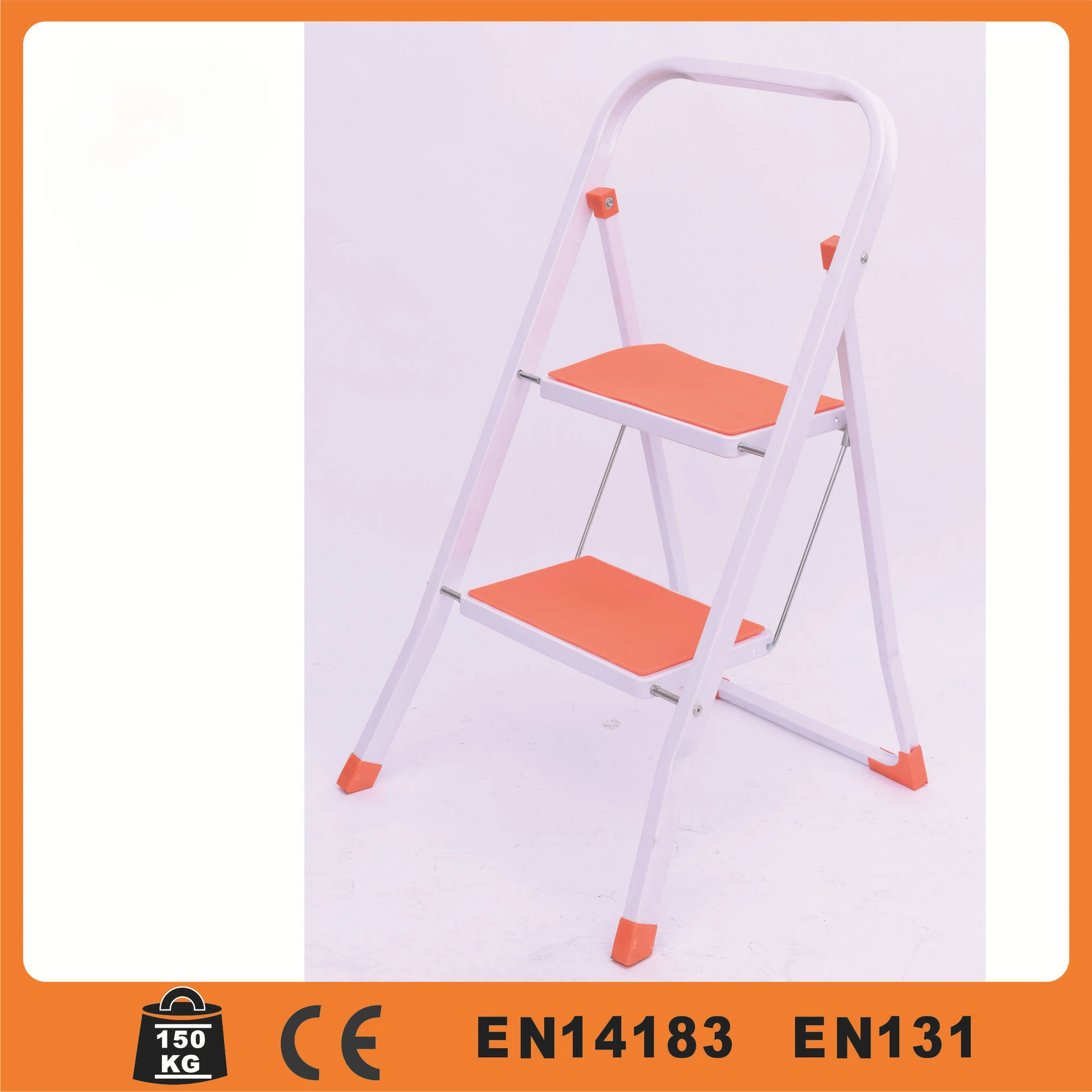 European standard two-step square tube iron ladder with anti-slip mat and folding handrail anti-slip herringbone stepladder