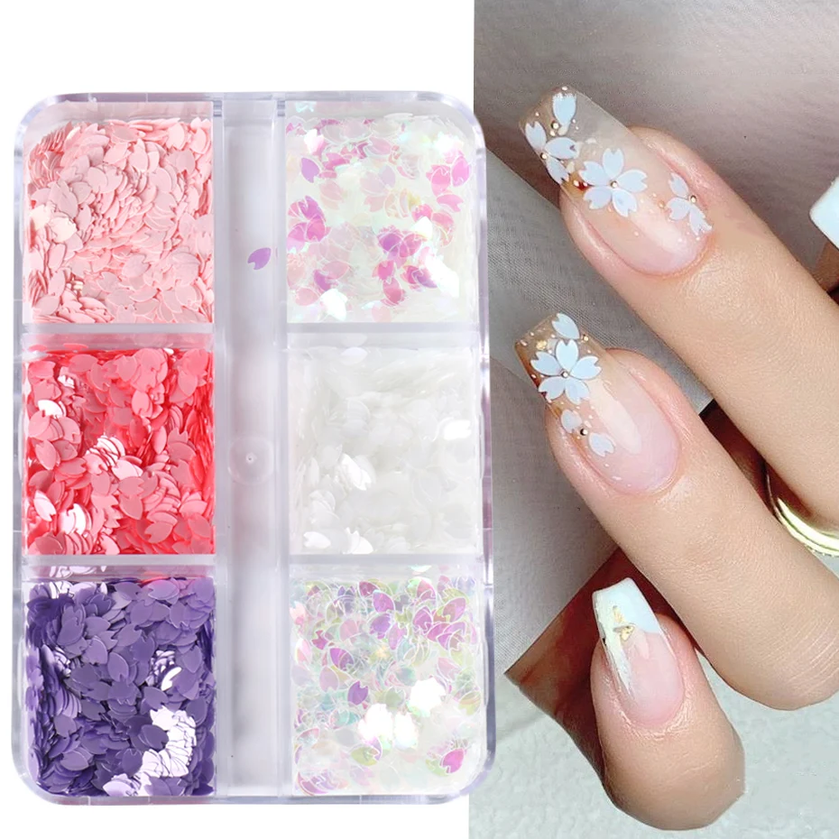 Sakura Flower Petals Nail Sequins White Pink Cherry Blossoms Glitter Flakes DIY Kawaii Manicure Paillette Nail Decoration BES128