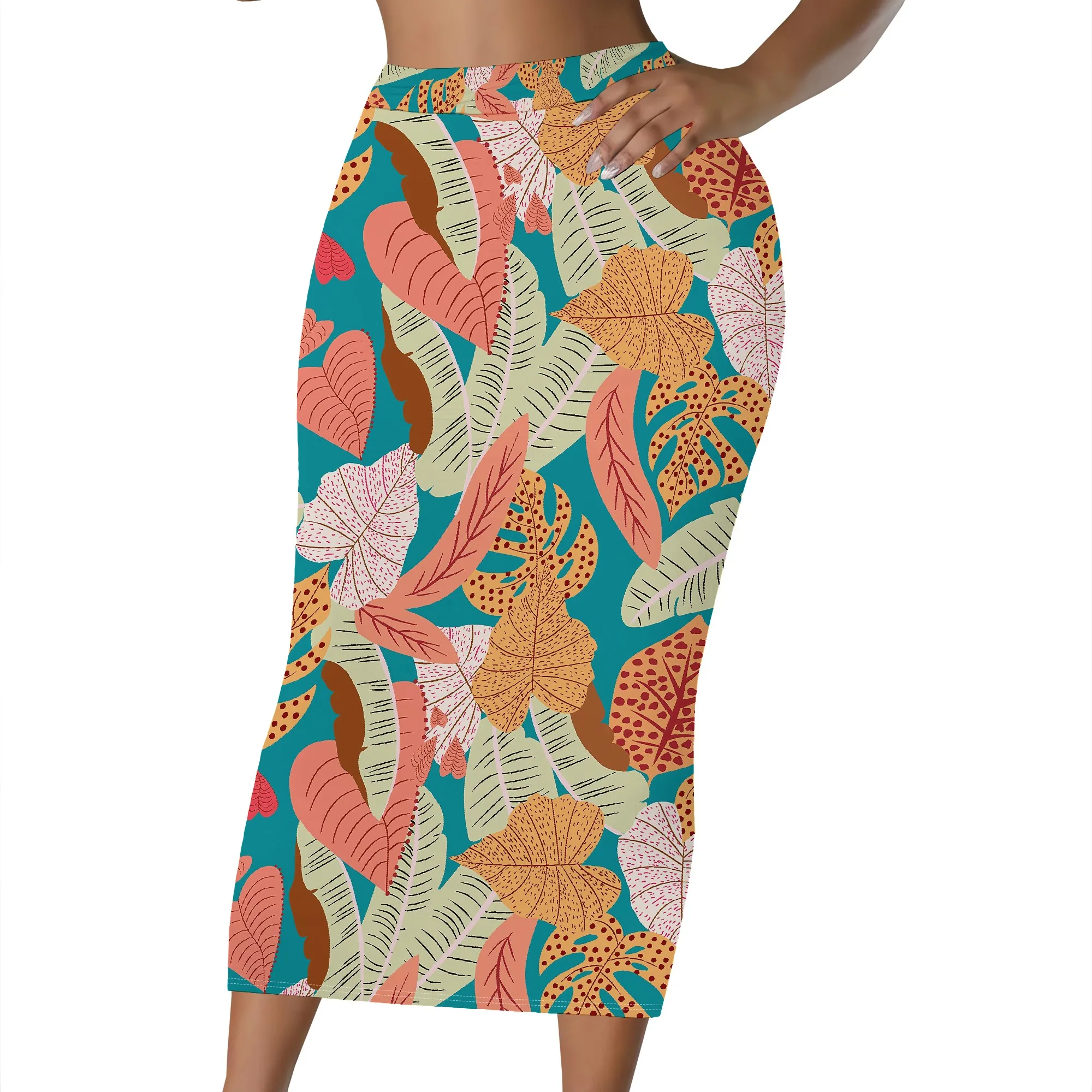 Tropischer Print-Rock, Boho-Midirock, Rock mit Blattmuster, Bleistiftrock mit hoher Taille, Sommer-Strand-Urlaubskleidung, S-2XL – Detail 1