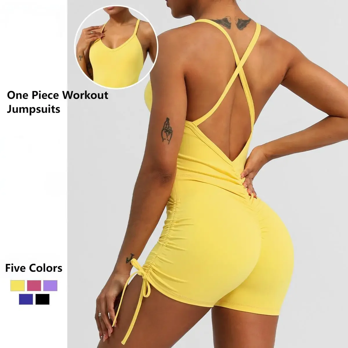 

One Piece Workout Jumpsuits for Women Backless Tummy Control Sleeveless Jumpsuits V Back Scrunch Yoga Romper Ropa deportiva