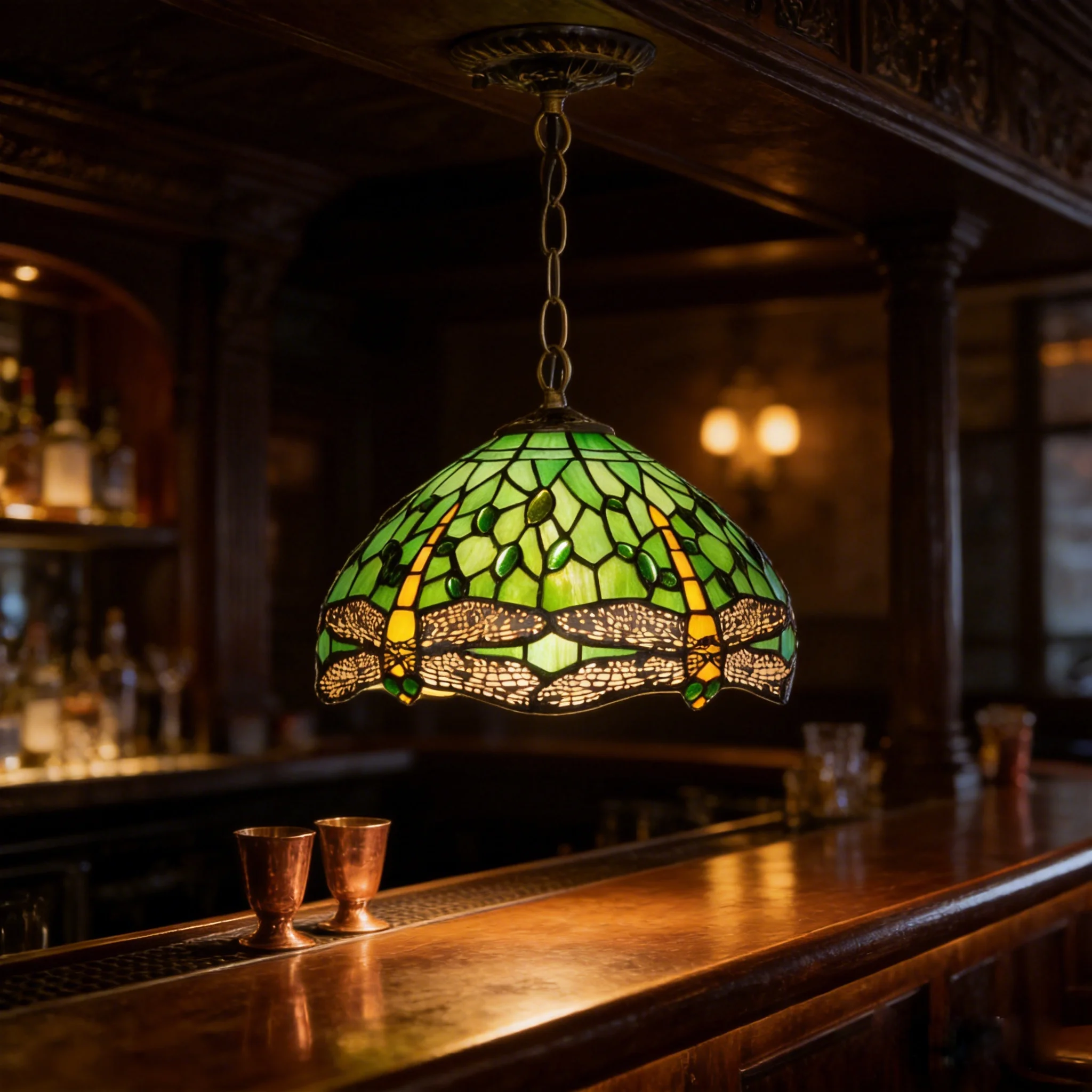 Tiffany Style Green Dragonfly Stained Glass Pendant Light, 12 Inch Vintage Hanging Lamp for Dining Room, Bedroom, Kitchen, Bar