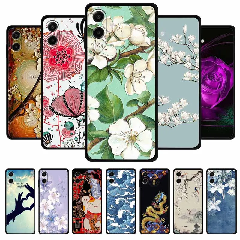 3D Emboss Case For Samsung Galaxy A07 F70E PhoneCase 6.7 '' Flowers Black Silicone Shockproof Soft Coque Funda Back Cover Shell.