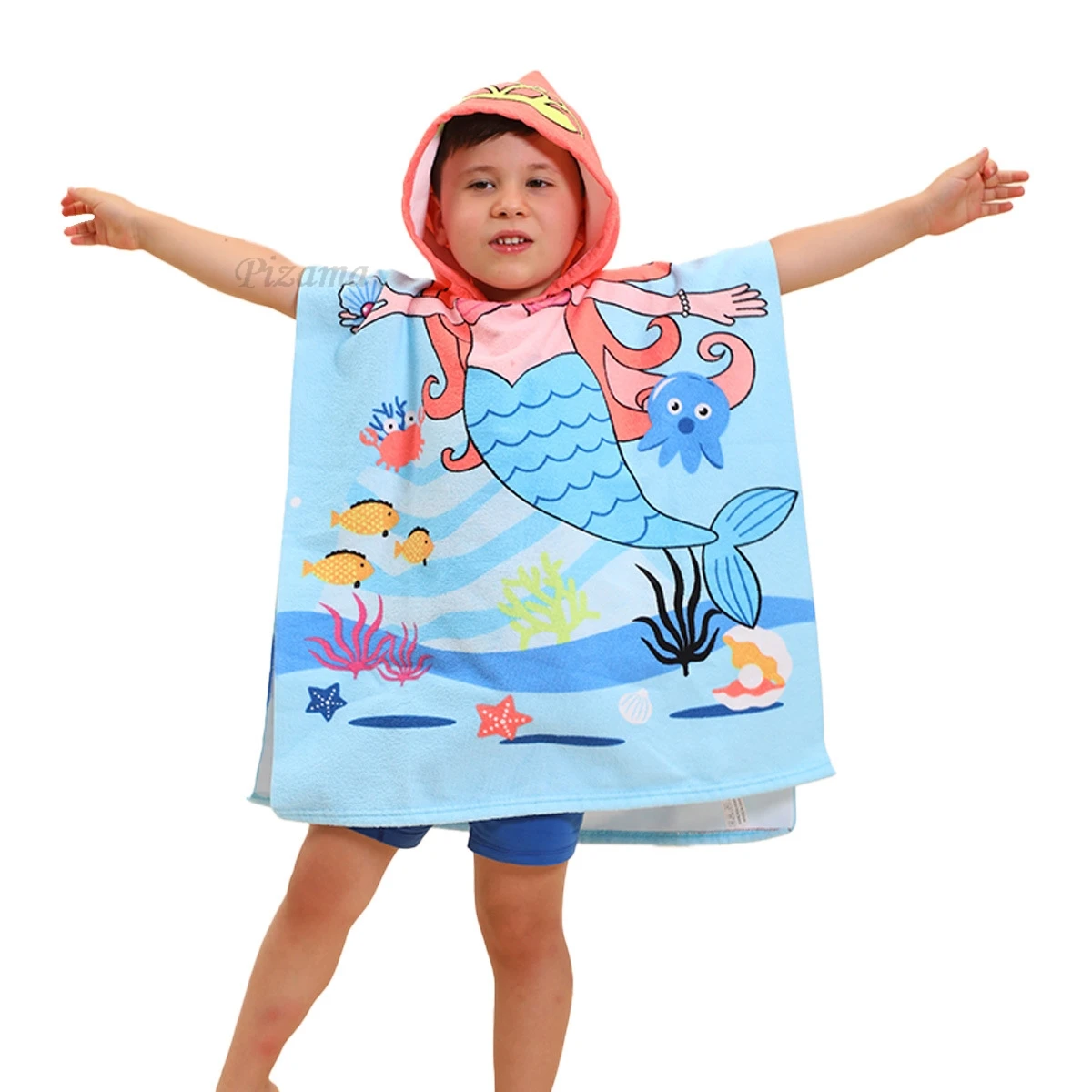 Toddler Baby Girls Hooded Bath Towels Mermaid Animal Cartoon Children\'s Cloak Beach Towels Quick Dry Soft Comfortable Towels