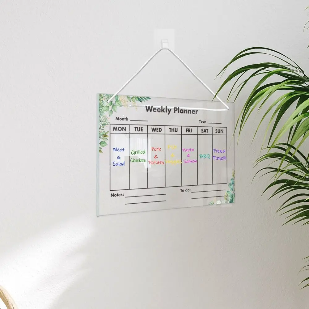 Transparent Message Board Acrylic Wall Hanging Note Board Monthly Weekly Green Leaves Pattern Display Board Home Decoration