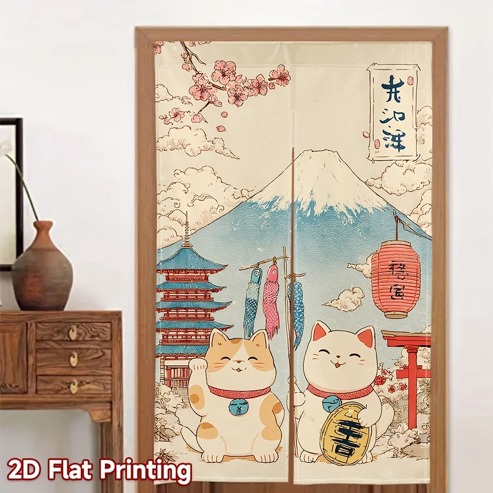 VIKAMA Ukiyo-e Maneki-neko Half-Door Curtain, Washable Kitchen Divider Curtain, Home Entryway and Japanese Restaurant Decor