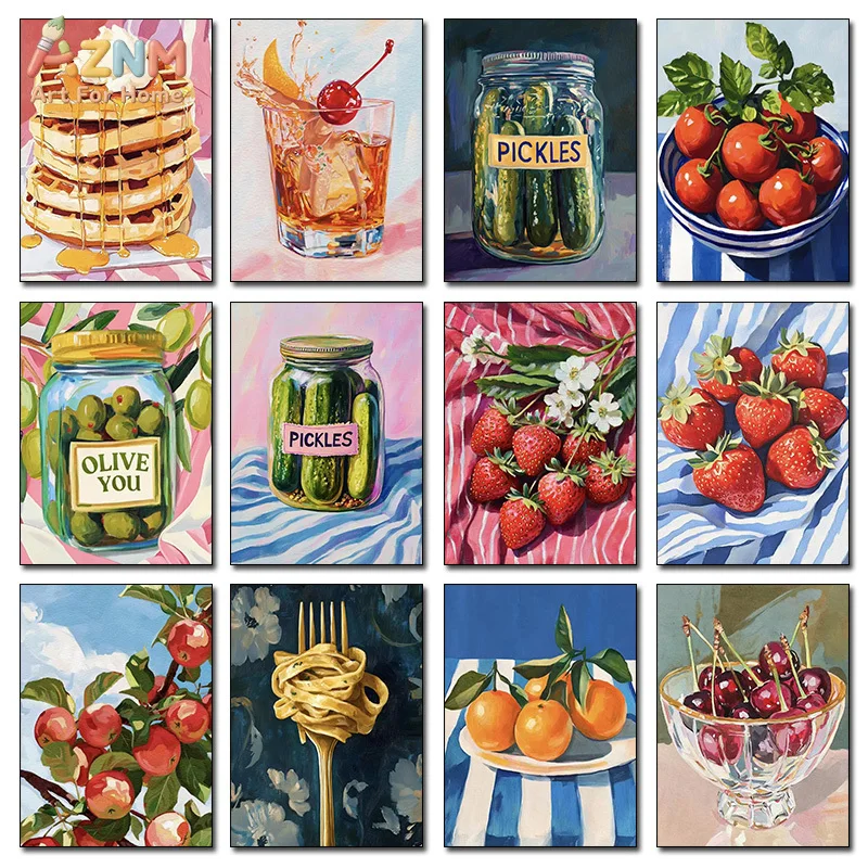 American Food Still Life Gallery Wall Art Waffle Strawberry Pickle Olive Canvas Poster Kitchen Dining Room Cafe Decor Unframed