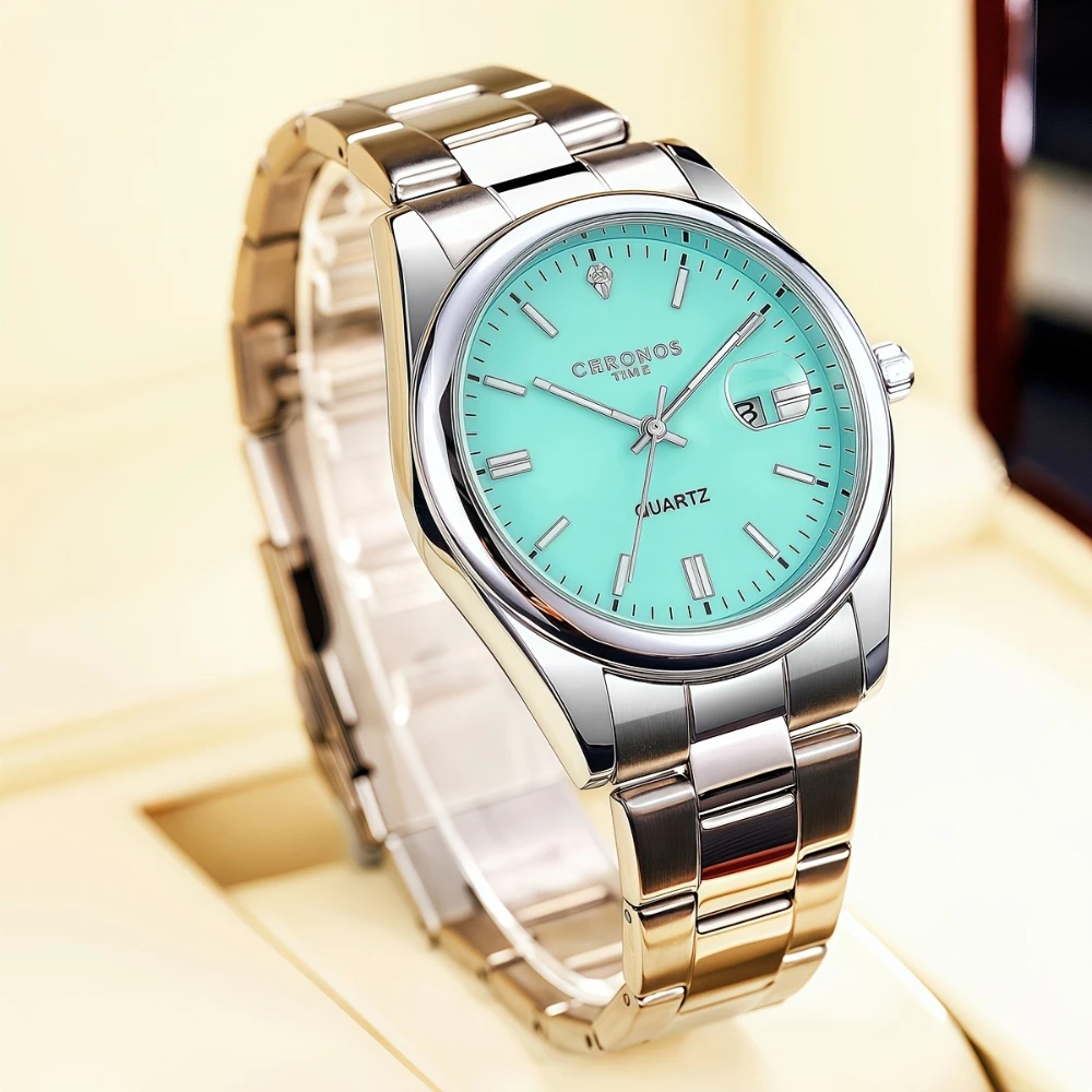 ساعة كرونوس الرياضية الكلاسيكية للرجال ستانلس ستيل مضيئة مع تاريخ فاخر مقاوم للماء كاجوال للأعمال الخارجية كوارتز #5