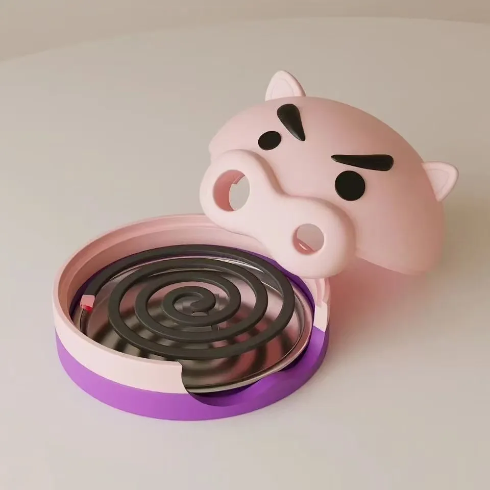 Niedlicher Schweinchen-Mückenspiralhalter mit winddichtem Plastikdeckel, abnehmbarer feuerfester Metallschale für Haus und Terrasse – Detail 9