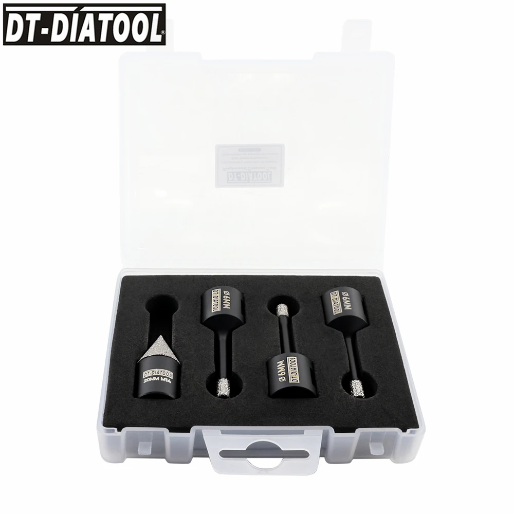 DIATOOL  Diamond Drill Bits Sets with box 4pcs 6/6/6mm+20mm Chamfer bit for Porcelain Tile Granite M14 Thread Drill Bits