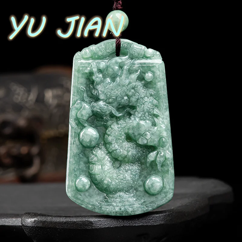 

Natural A Cargo Jadeite Necklace Emerald Dragon Goes To Sea Ice Jade Pendant Hang Piece Chain Men's and Women's Quality Jewelry