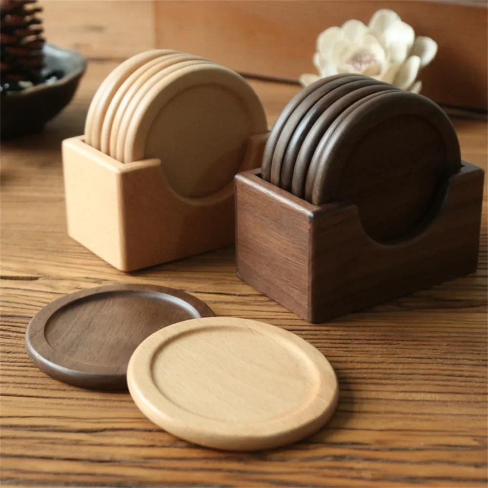 6pcs/set Free Custom Carved Walnut Wood Coasters Placemats Decorative Round Insulated Japanese Beverage Coasters Home Decor