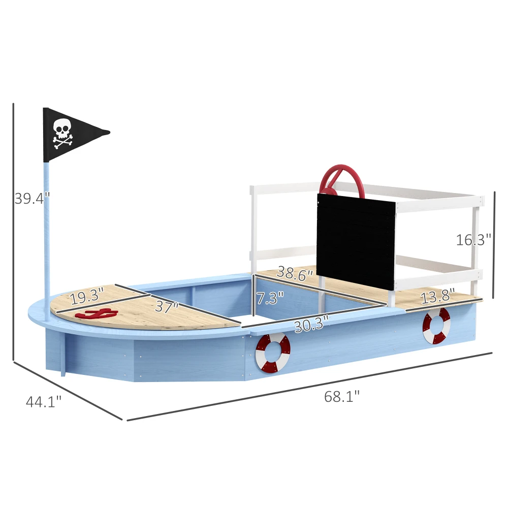 Caixa de areia de madeira com design de navio pirata por 3-7 anos, azul