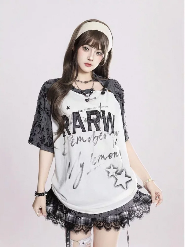 Y2K風ホールピュアコットンTシャツ レディース アメリカンストリートウェア ホットスイート サブカルチャー ティーシャツ パッチワーク ルーズ レター Oネック カットアウト トップス 新作