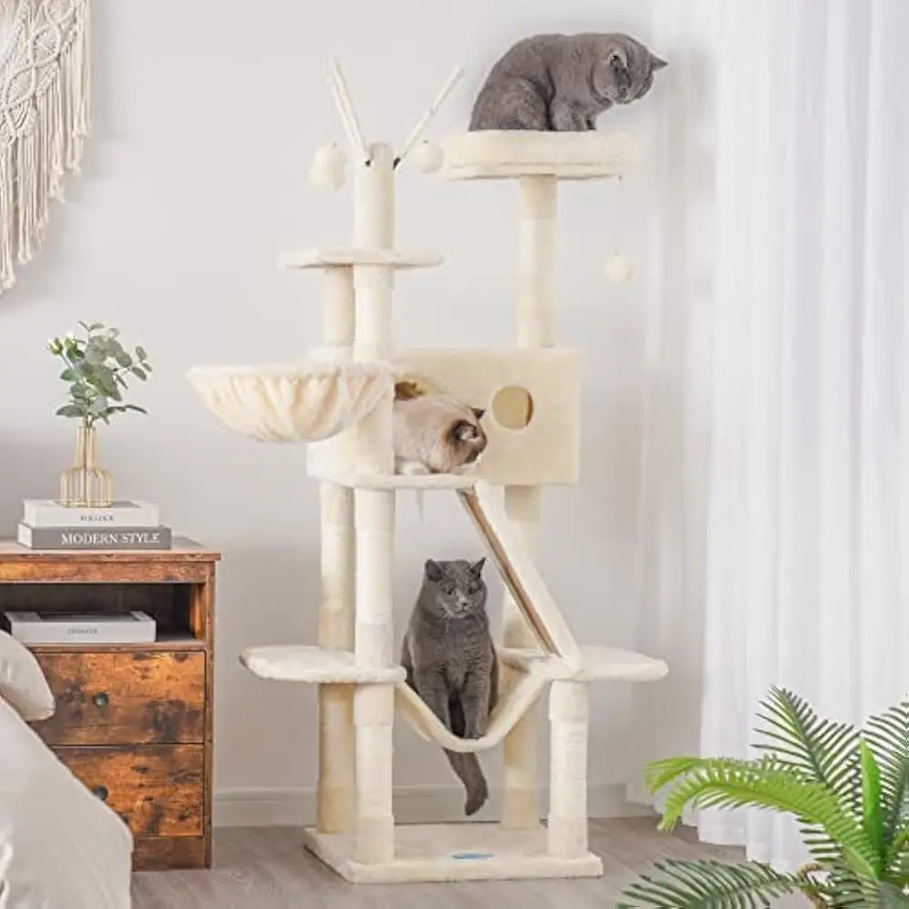 

61 inch Cat Tree, Cat House with Padded Platform Bed, Toy Balls, Large Cozy Condo, Hammocks and Sisal Scratching Posts