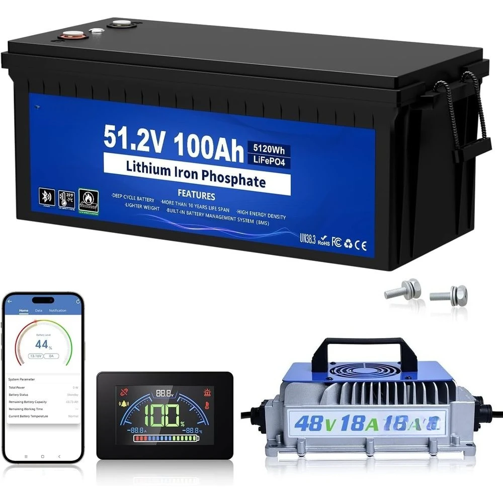

48V 100Ah Lithium Golf Cart Battery w/Switch, Lifepo4 Battery with 48V 18A Lithium Batteries Charger, Smart 200A BMS, LCD Monito