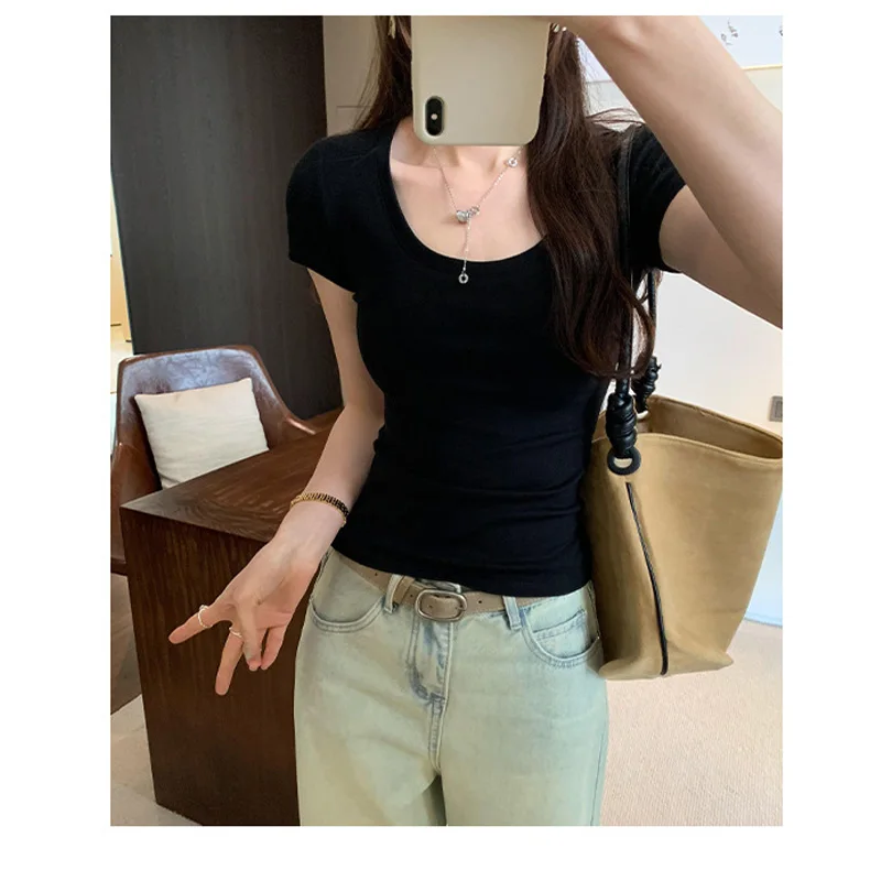 Camiseta informal de algodón para mujer, camisetas de manga corta, ropa de moda para mujer, camiseta básica ajustada con