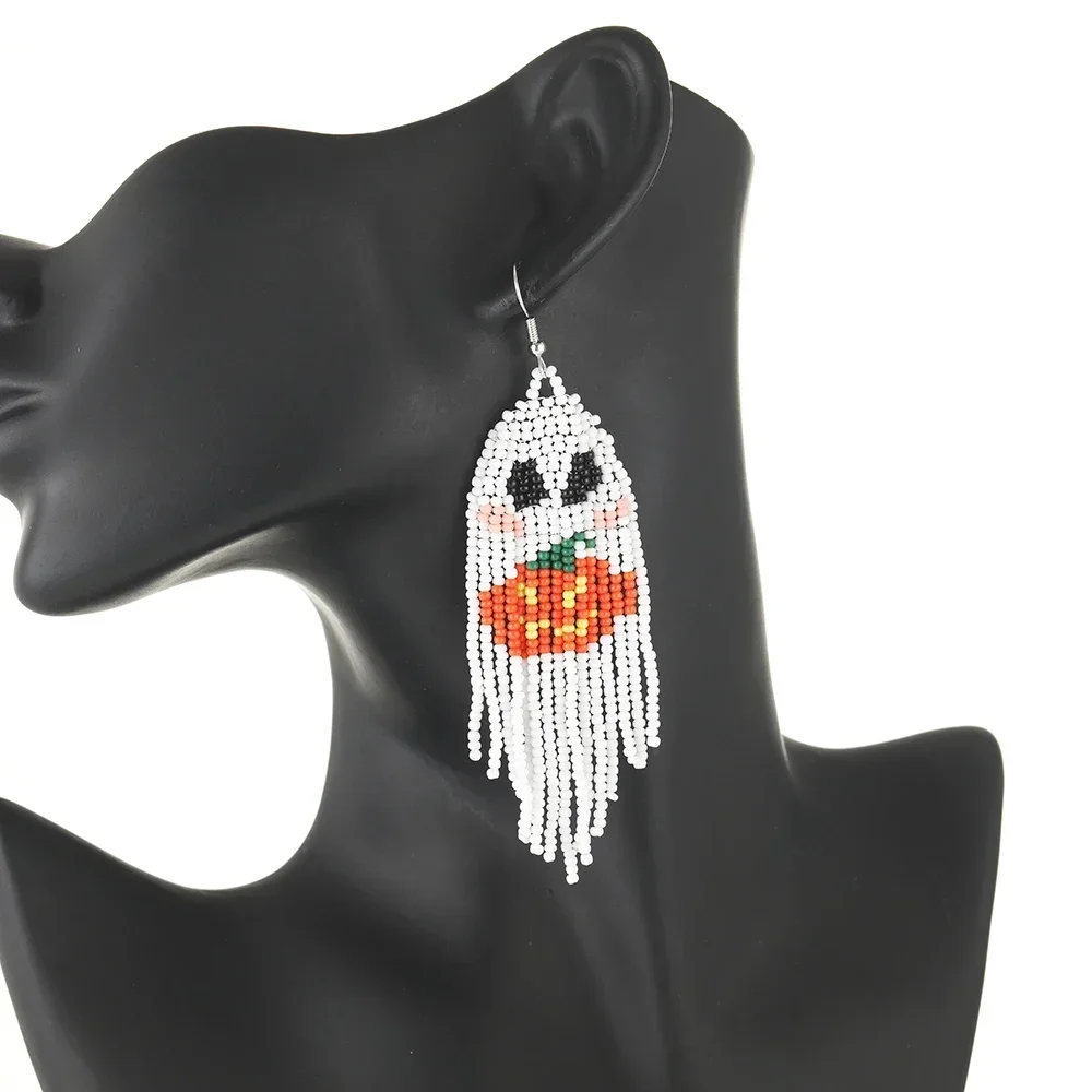 Beaded earrings Tassel Originality All Saints' Day Design Pumpkin Hand knitting Bohemia Alloy Tide Versatile Rice bead earrings