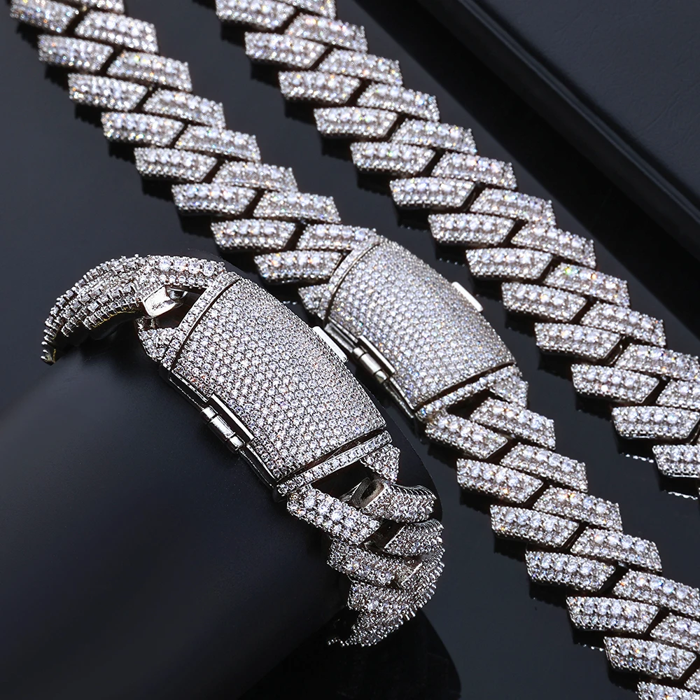 

20MM Thick Cuban Necklace Sparkling Three Rows of Luxury Diamond Solid Brass Gold Plated Silver Plated Jewelry