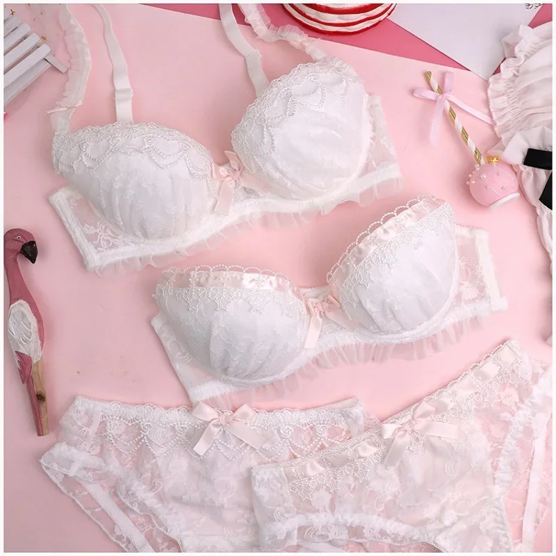 

Girls water soluble lace thin section lingerie comfortable gather bra set ladies solid color underwear cute and sexy bralette