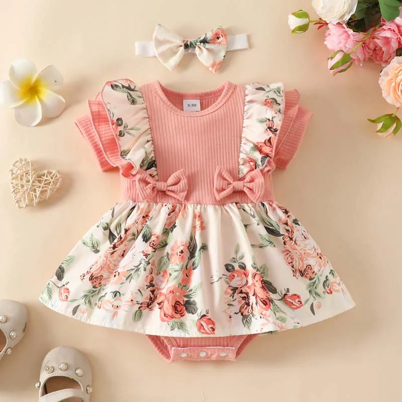 

Baby Dresses Girl Clothes Jumpsuits 0 to 18 Months Short Sleeve Flounce Bodysuit Printing Skirts Romper Hairband Newborn Outfits