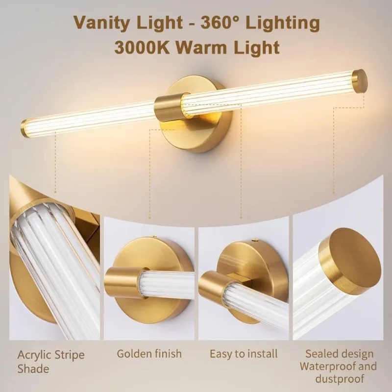 

LED Bathroom Light Fixtures Gold Bathroom Vanity Lights Over Mirror 360° Full Lighting Dimmable LED 22 Inch Vanity Light Bar Mod
