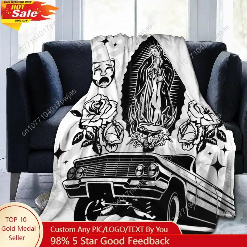 

[Warm Flannel Throw Blanket] Soft Flannel Throw Blanket - Warm & Versatile All-Season Gift - Low Rider & Virgin Mary Design with