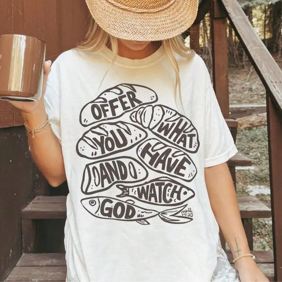 Women's Offer What You Have Cute Christian Faith Preppy Letter Graphic Print T‑Shirt Crew Neck Short Sleeve Fall Casual Tee Top