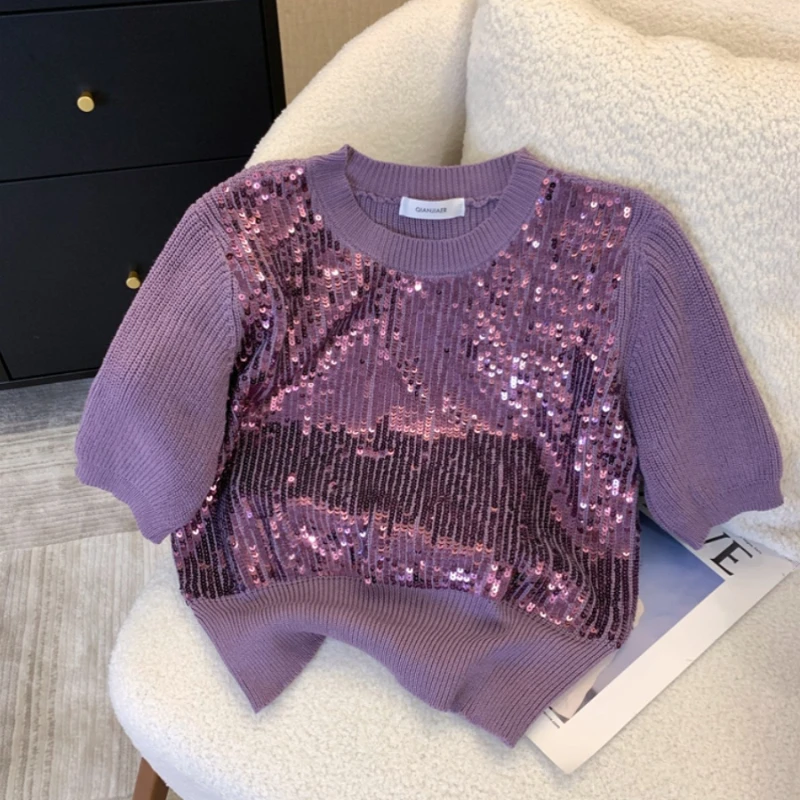 

French Sequin Purple Knitwear Women Spring Summer New High Quality Soft Waxy Sweater Slim-Fit Elegant Commuter Short-Sleeved Top