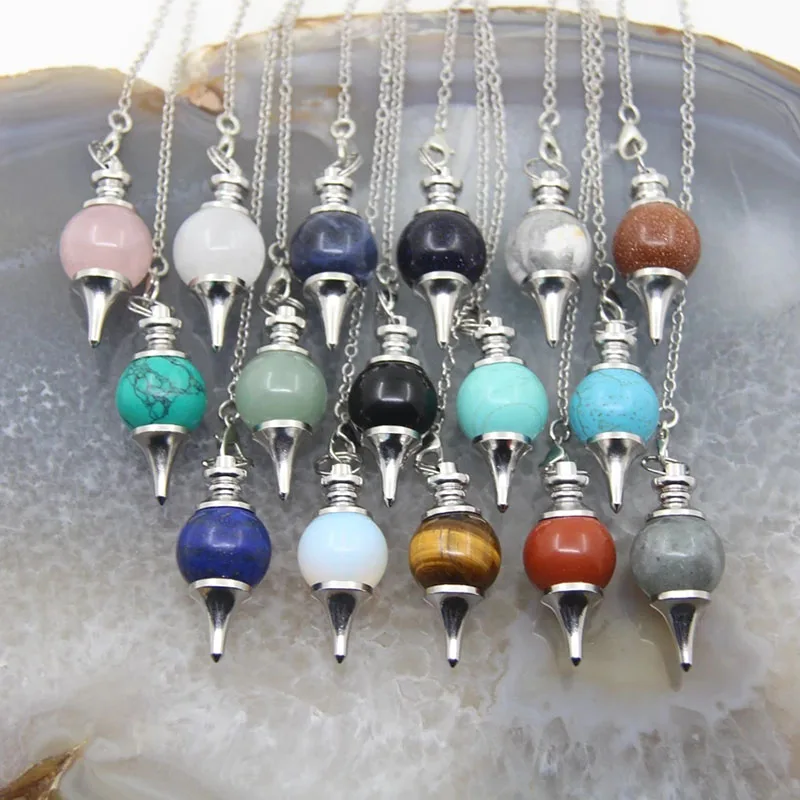 Reiki Healing Chakra Pendulum Pendants Lucky Crystal Quartz Stone Pendulum Pendant With Silvery Ball Chain Hypnosis For Necklace