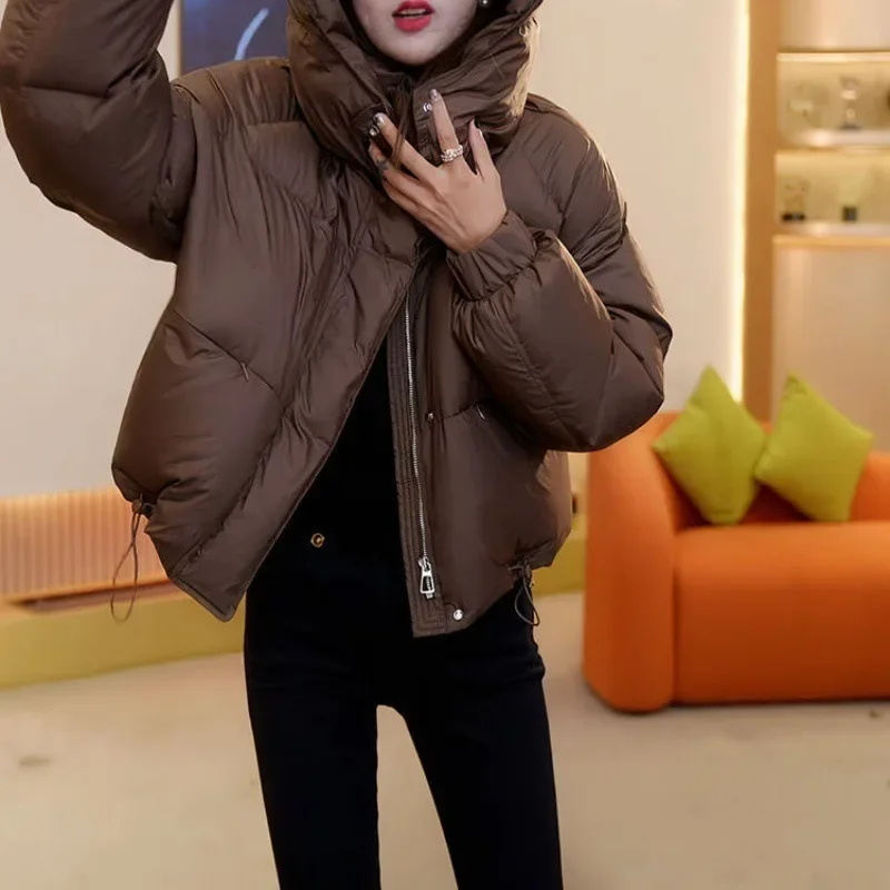 

Женские парки, модные короткие стильные теплые толстые свободные куртки с капюшоном, воротник-стойка, молния, дизайн на шнурке, женская одежда