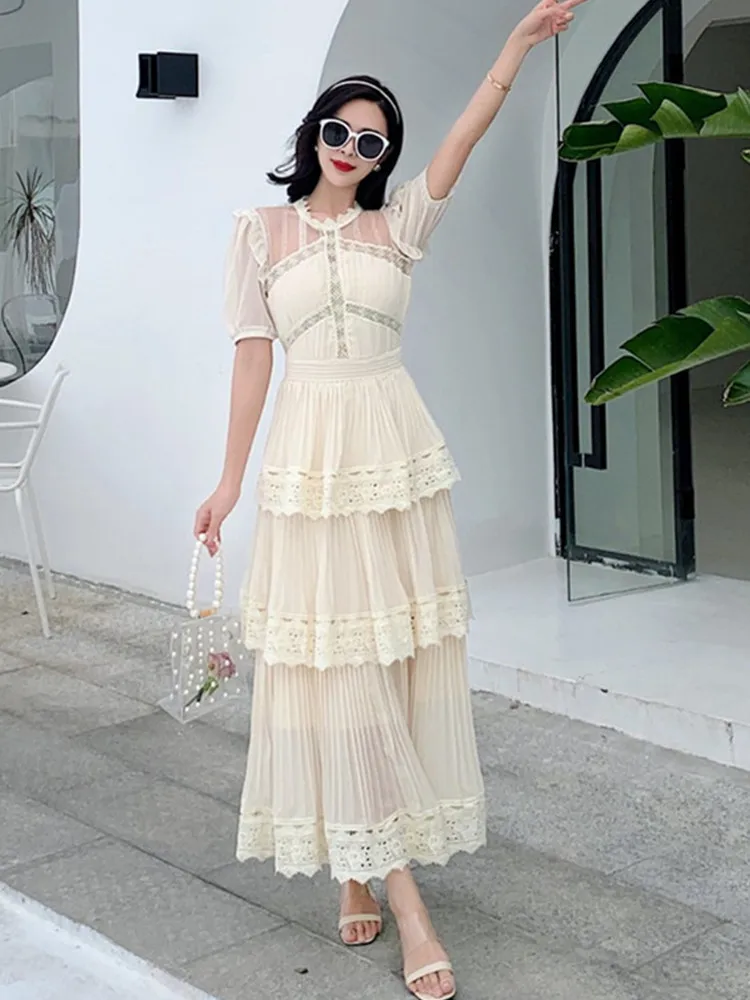 SMTHMA 2024 New Arrival Beige Lace Long Dress High Qulity Luxury Design Runway Dress Short Sleeve Ruffle Summer Dresses Vestidos