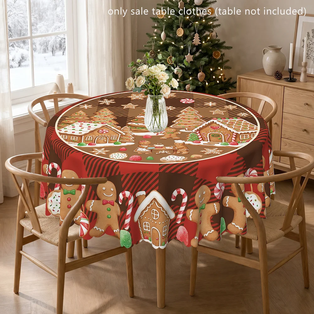 Round Gingerbread House Tablecloth, Indoor and Outdoor - Christmas Gingerbread Man and House Print Table Cover
