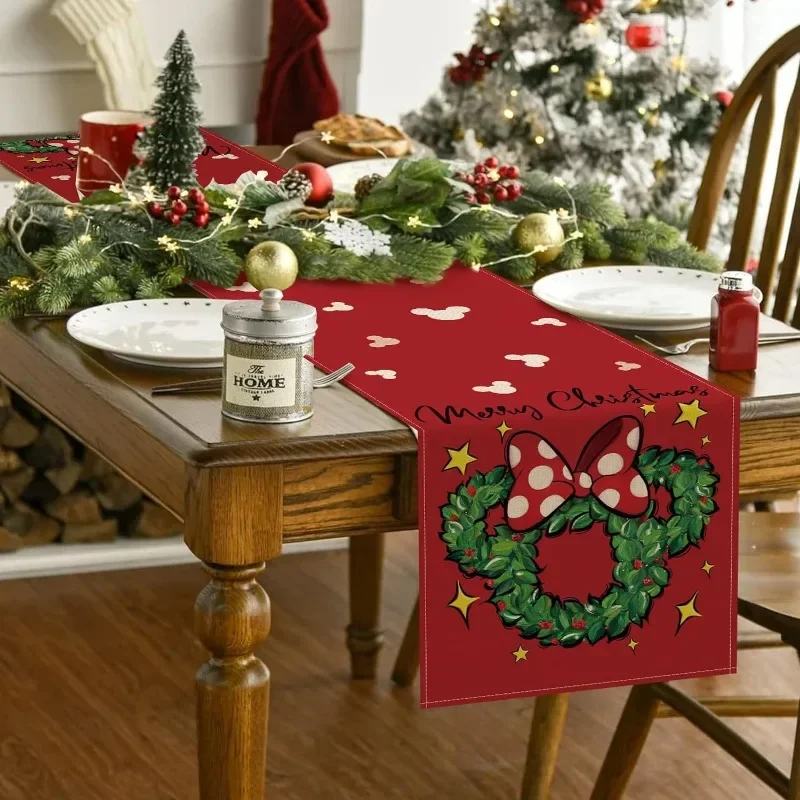 Mickey Mouse Tablecloth Christmas Wreath Disney Cartoon Anime Festival Linen Living Room Home Party Decoration Table Runner Gift