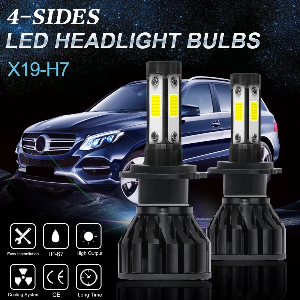 X19 6000K H7 LED Headlight Bulbs 44w H4 H7 H11 H13 LED Car Headlights 4 Side Lights 5202 9007 HB3 9006 COB Bulb Fog Light