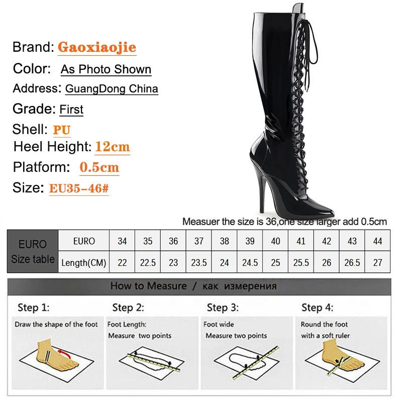 Sexy Black Mirror Knee-High Boots Women T Show Pointy Toe Club Party Stiletto Long Boots Women Cross Dressing Large Size 36~46